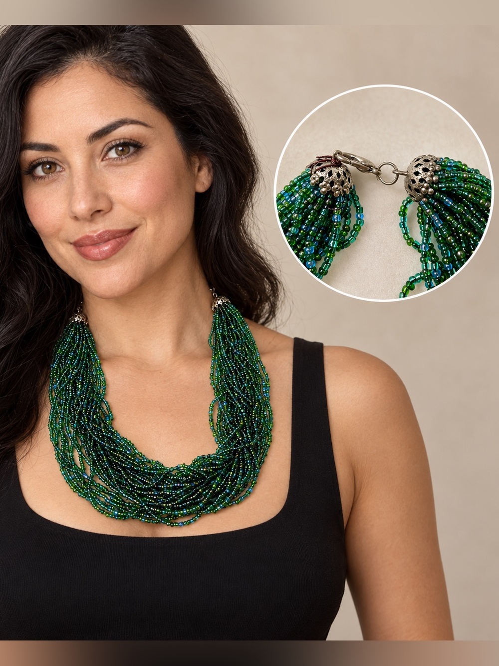 Green Blue Iridescent Multi-Strand Seed Bead Statement Necklace vintage boho